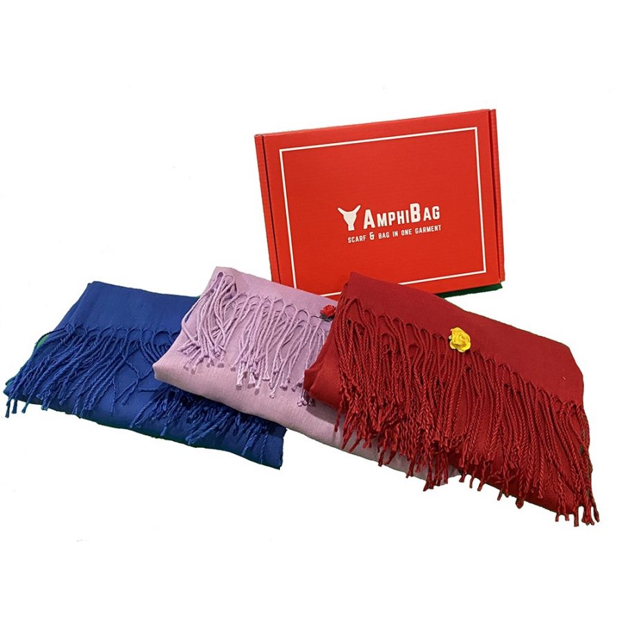 Purple, blue and burgundy Amphibag in a box